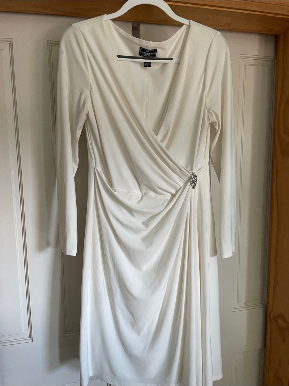 American Living Ivory Long Sleeve Faux-Wrap Dress with Brooch Accent